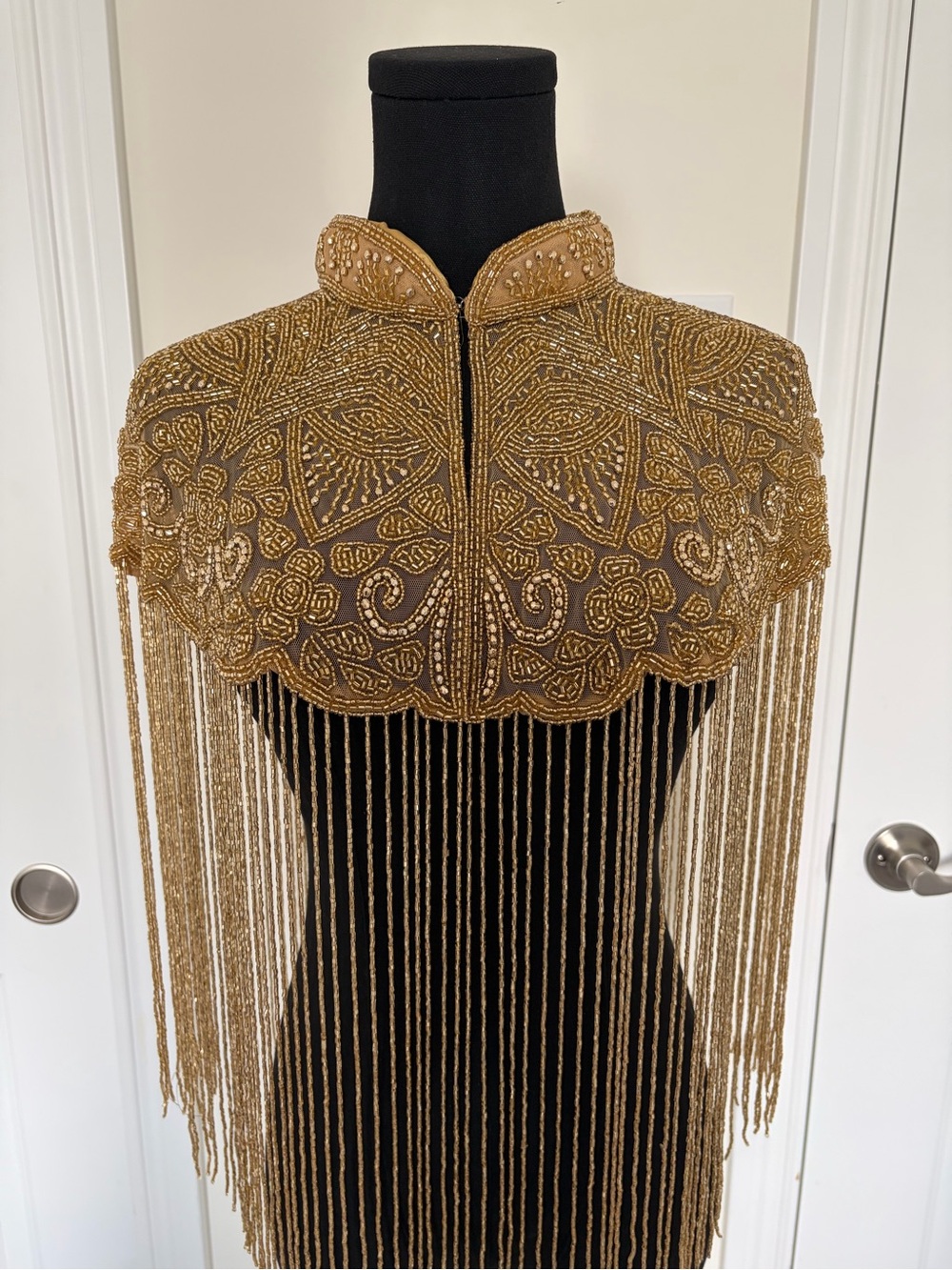 Gold Beaded Long-Fringe Party Shoulder Cape